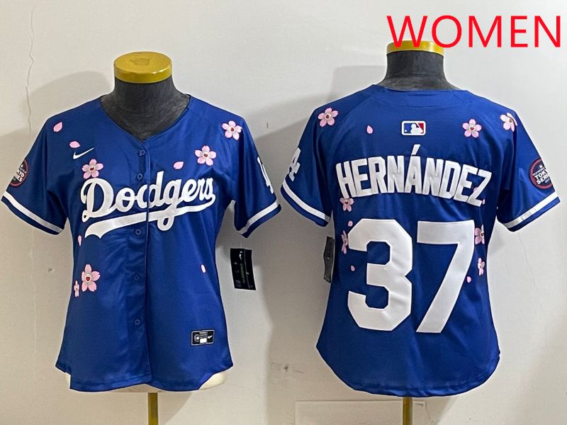 Women Los Angeles Dodgers #37 Hernandez Blue Sakura Edition 2025 Nike MLB Jersey style 1